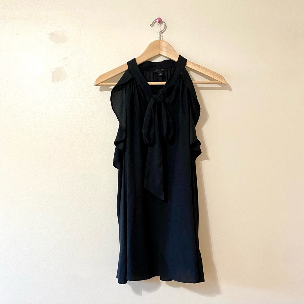 Ann Taylor Black Blouse Bow Tie Front Cold Shoulder Top Small